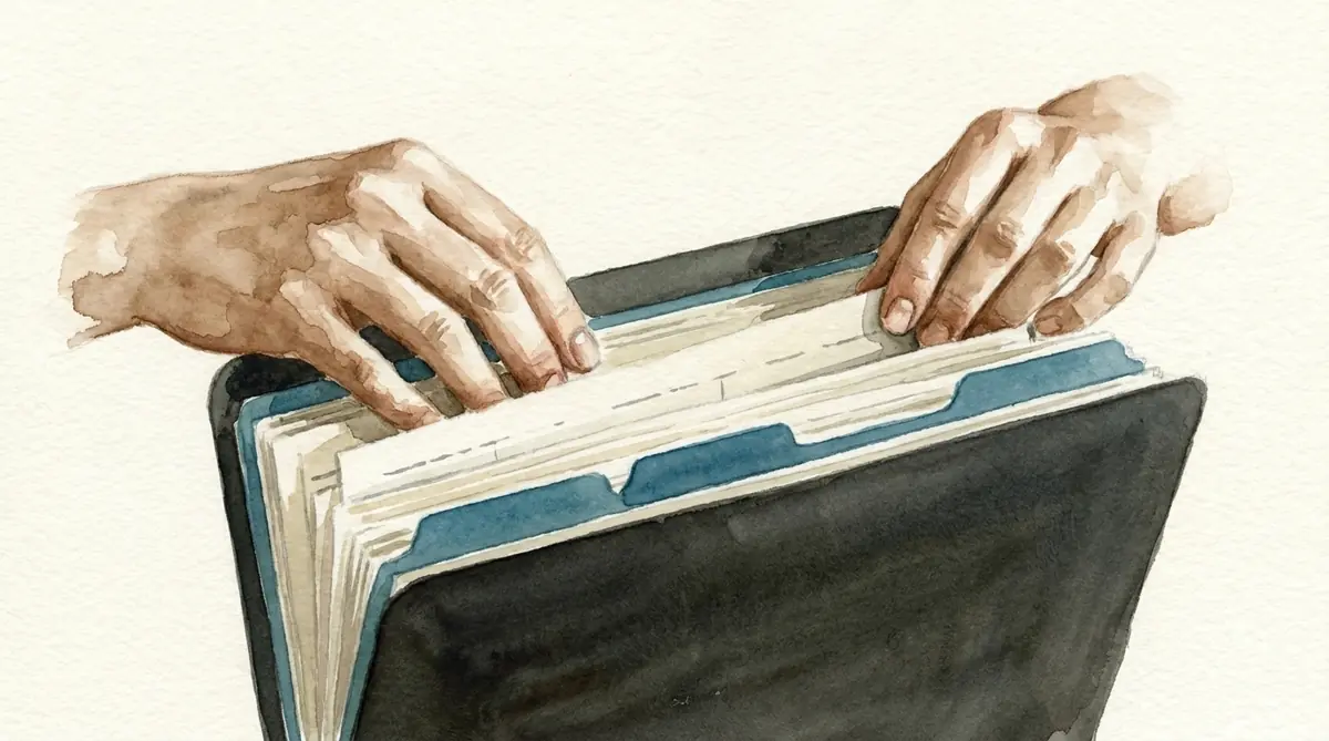 Two hands sorting through a thick document folder with tabbed dividers — watercolor study of careful expert document handling