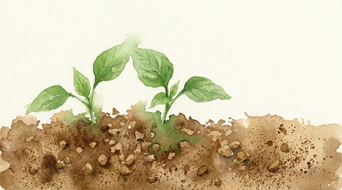 Watercolor botanical study of seedling shoots emerging from granular soil, representing agricultural compliance