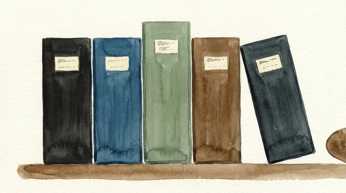 Watercolor row of archival file boxes in charcoal, teal, green, and brown on a shelf